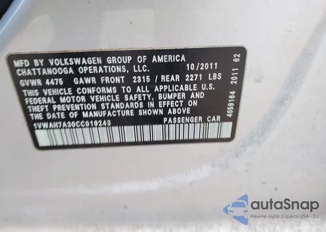 2012 Volkswagen Passat 2.5L S z USA, uszkodzony, nr VIN 1VWAH7A30CC019243